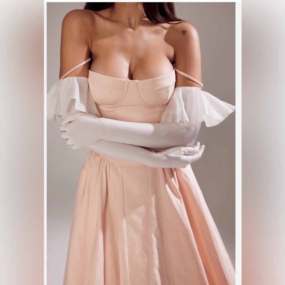 NWOT HOUSE OF CB 'Samaria'Peach Parfait Twill Corset MidiDress/Size M-US(P) 🍑